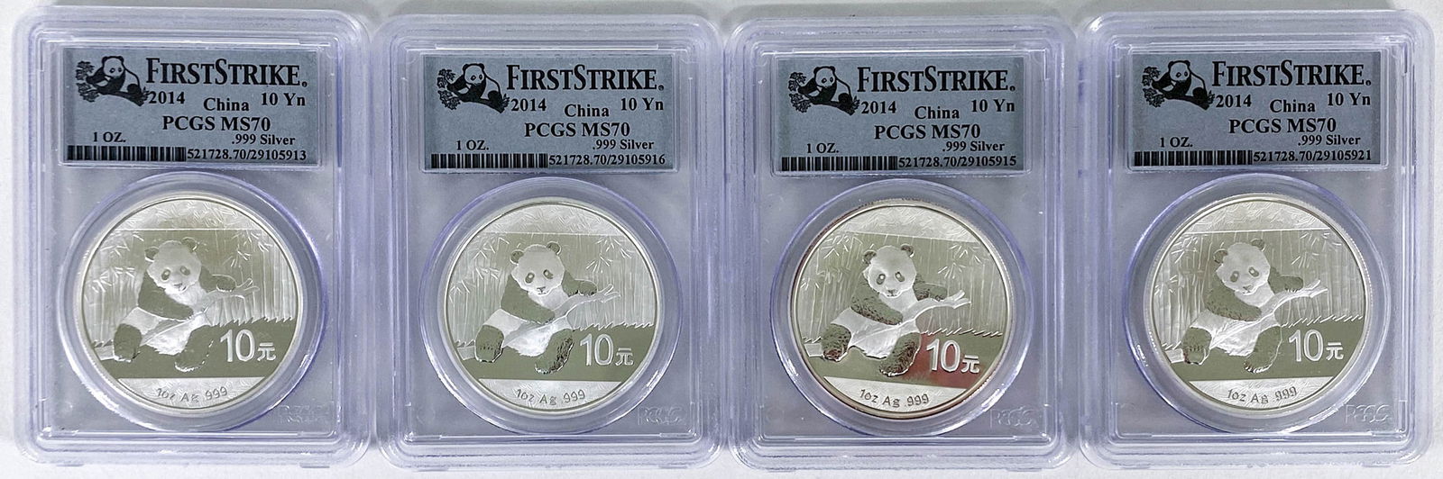 2014 China 10 Yuan .999 Silver 1 oz. (4): 2014 China Panda 10 Yuan .999 Silver 1 oz. (4 total). This lot requires a Wire or Zelle transfer. If lot is absent of a condition report one may be requested via email. Condition report is provided as