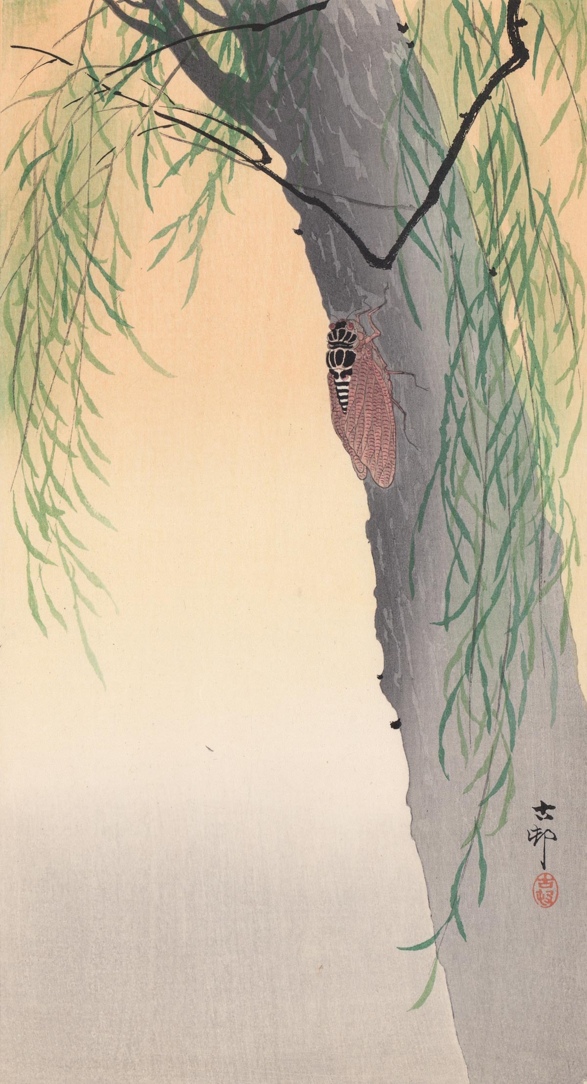 Ohara Koson Antique Woodcut [Cicadas Bug]: Ohara Koson (Kanazawa 1877 – Tokyo 1945) circa 1919-1920 woodcut measures 7.5 in. x 13.625 in. Unframed, loose and not glued or mounted. Provenance: Estate collection of William Greenbaum, Glouceste