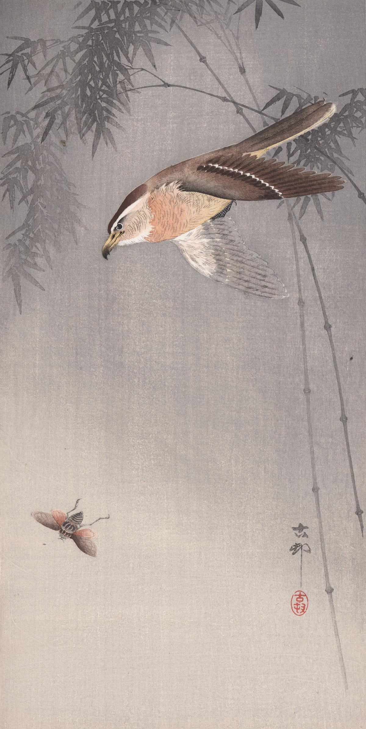 Ohara Koseon Woodblock - Hawk Chasing Insect (1 of 4)