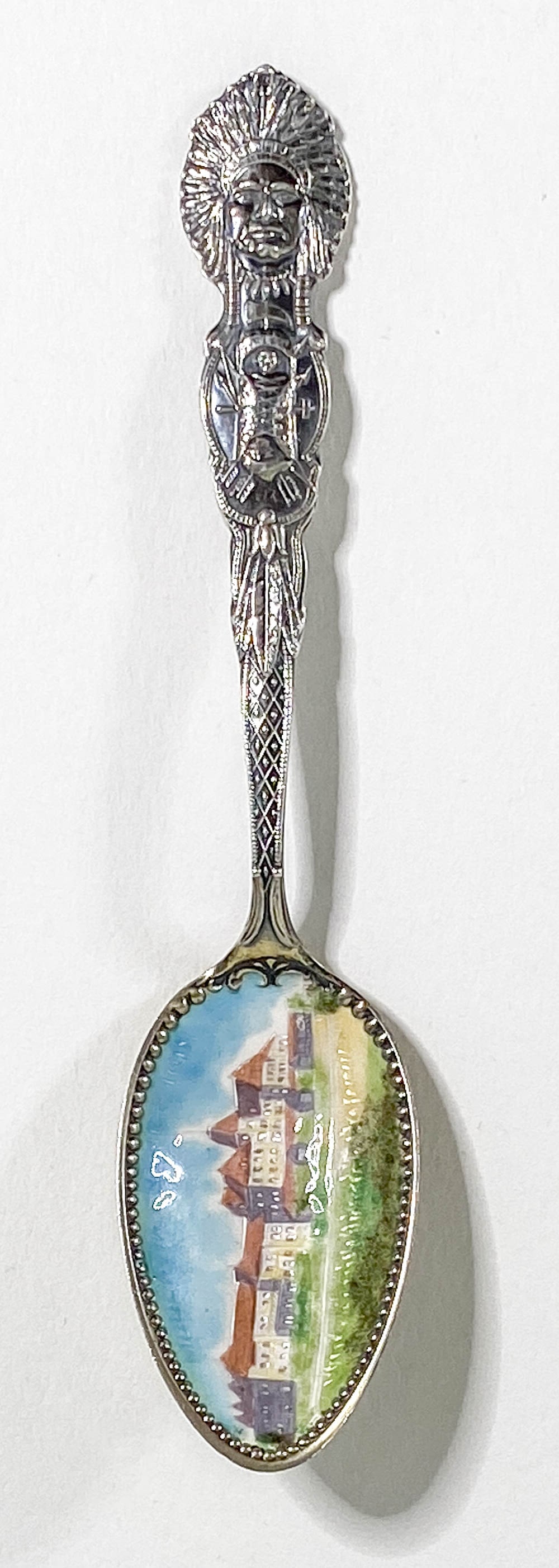 Mudlavia Hotel Kramer, Indiana Enamel Spoon: Mudlavia Hotel Kramer, Indiana Sterling & Enamel Souvenir Spoon by Shepard Mfg. Co. Measures 5.25 inches length; weighs 21 grams. Excellent condition. Shepard Mfg. Co. Melrose Highlands, MA 1893-1923.
