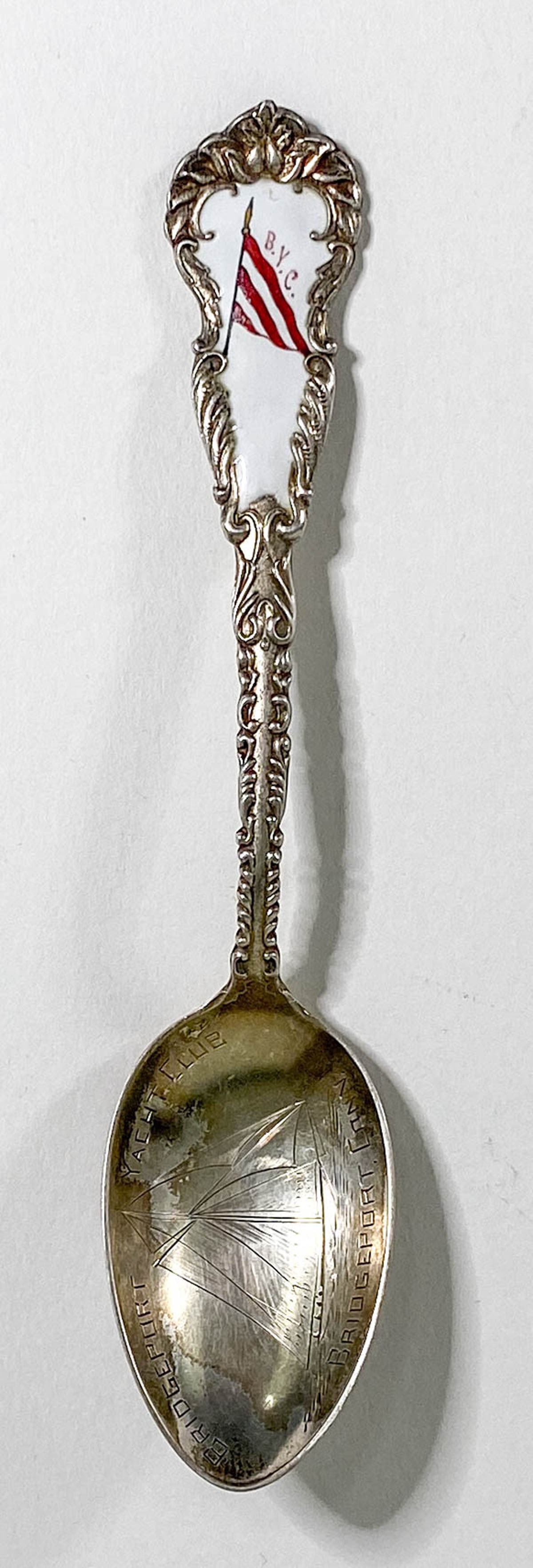 [Connecticut] Bridgeport Yacht Club Sterling: [Connecticut] Bridgeport Yacht Club Sterling & Enamel Souvenir Spoon by Shepard Mfg. Co. Measures 5.75 inches length; weighs 27 grams. Excellent condition. Shepard Mfg. Co. Melrose Highlands, MA 1893-