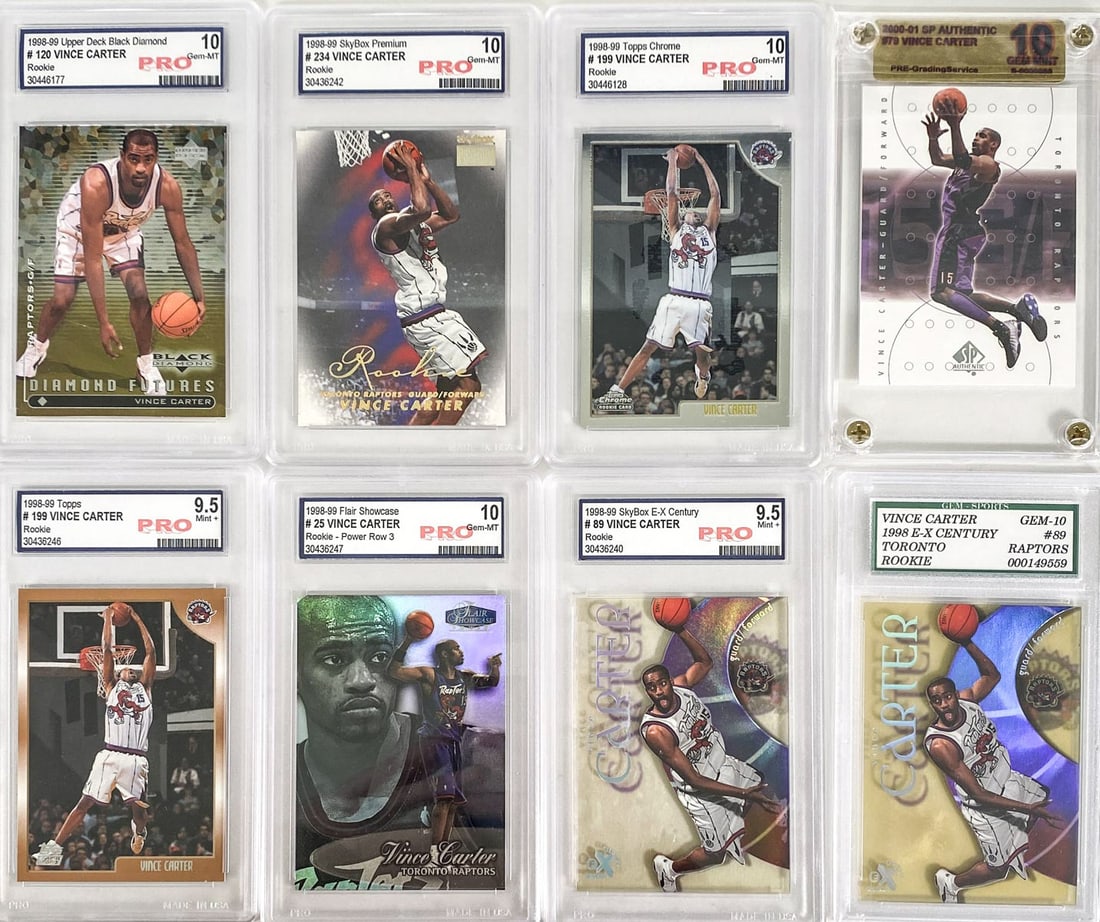 Vince Carter NBA Basketball Cards w/RC's (8): Vince Carter NBA Basketball Cards w/RC's (8). Condition report is not a guarantee if card or cards are submitted to a third party grader. If lot is absent of a condition report one may be requested vi