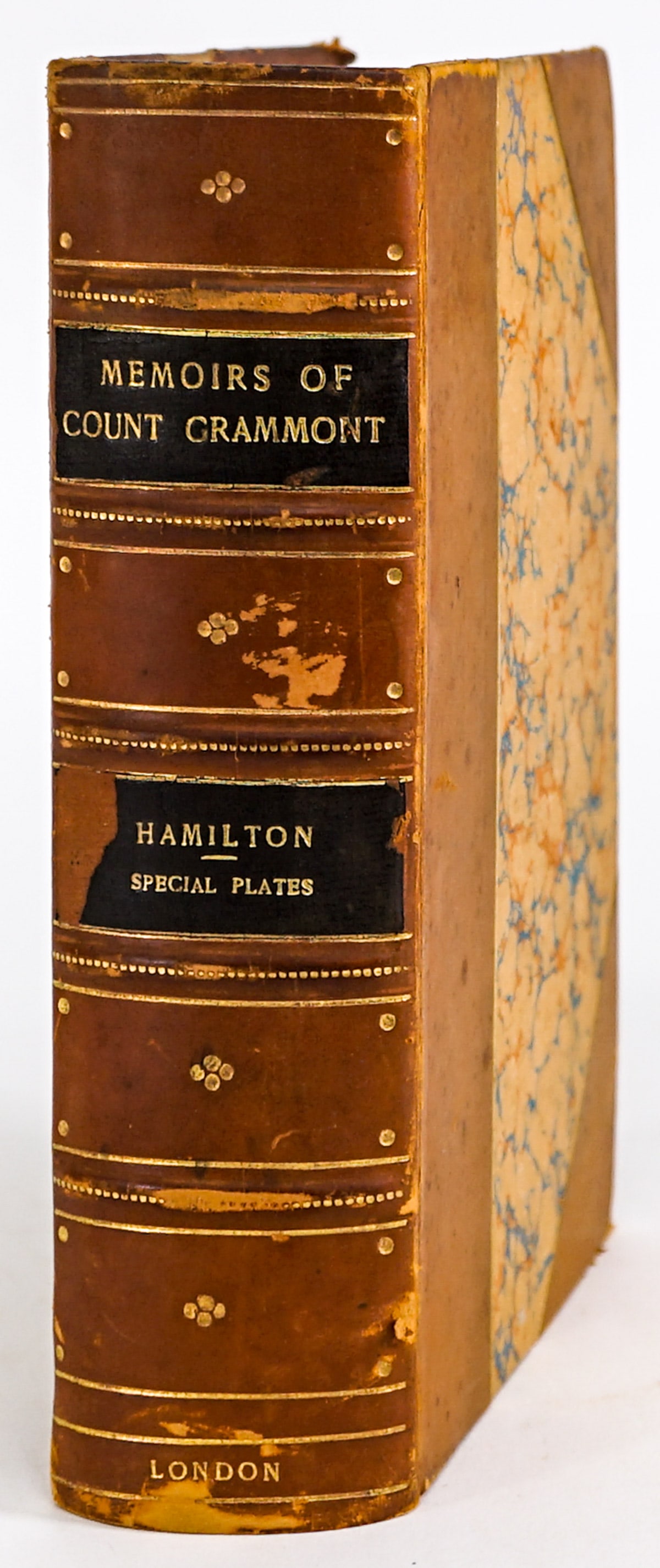 Memoirs of Count Grammont by Hamilton: Memoirs of Count Grammont by Anthony Hamilton. Bickers, London. 368 pp. Illustrated. Half leather with marbled covers and endsheets. Hinges cracked. Measures 8.5 in. x 6 in. x 2.25 in. If lot is absen