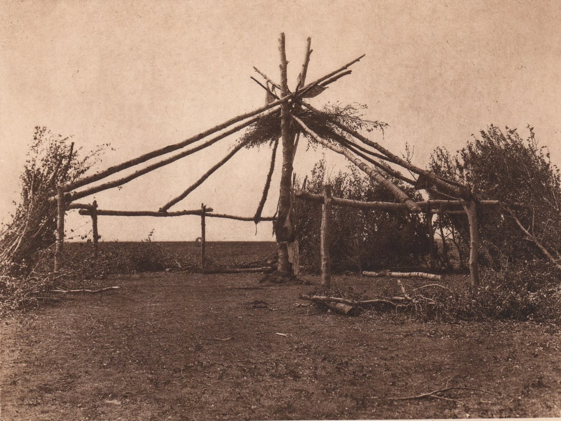 Edward Curtis Photogravure Frame of the Sun Lodge: Edward Curtis Photogravure [Frame of the Sun Lodge-Piegan, 1926] . Measures 7 x 8.5 inches (impression marks) and 9.5 x 12.375 inches sheet size. Unframed, loose and not glued or mounted. EX condition