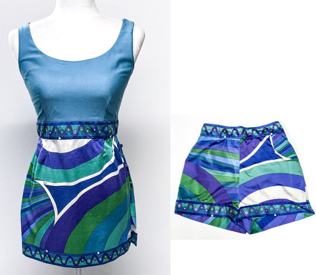 Braniff Airways - Emilio Pucci Hostess Uniform: Braniff International Airways hostess uniform designed by Emilio Pucci. No labels found. Blue Dress: 16 in. across chest measured at underarms; 29 in. length measured from top of shoulder; zipper meas