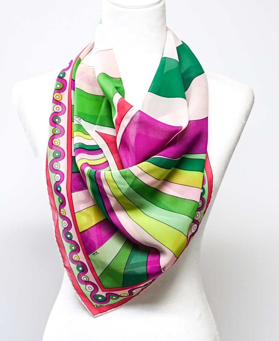 Braniff Airways - Emilio Pucci Hostess Scarf 34IN: Braniff International Airways hostess uniform 34 in square pink scarf designed by Emilio Pucci. Designer tag and Made in Italy tag at corner. Provenance: Flight-worn by former Braniff International Ai