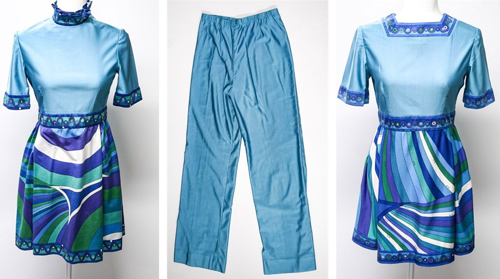 Braniff Airways - Emilio Pucci Hostess Uniform: Braniff International Airways hostess uniforms designed by Emilio Pucci. No labels found. Blue Dress with square neck : 17 in. across chest measured at underarms; 14 in. across waist; 32 in. length me