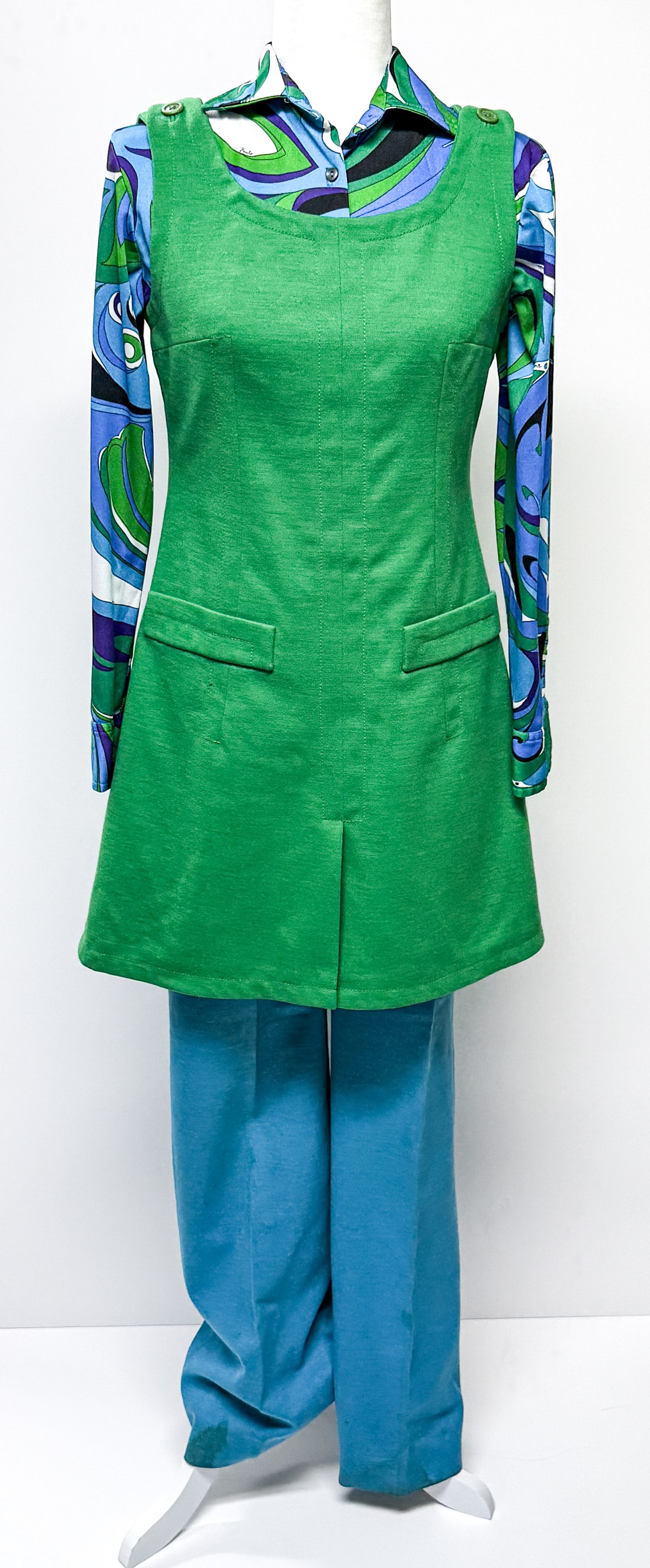 Braniff Airways - Emilio Pucci Hostess Uniform: Braniff International Airways 3 pc hostess uniform in blue print designed by Emilio Pucci. Shirt / blouse with snap closure measured from underarm 17 in. across chest, measured from back of collar to