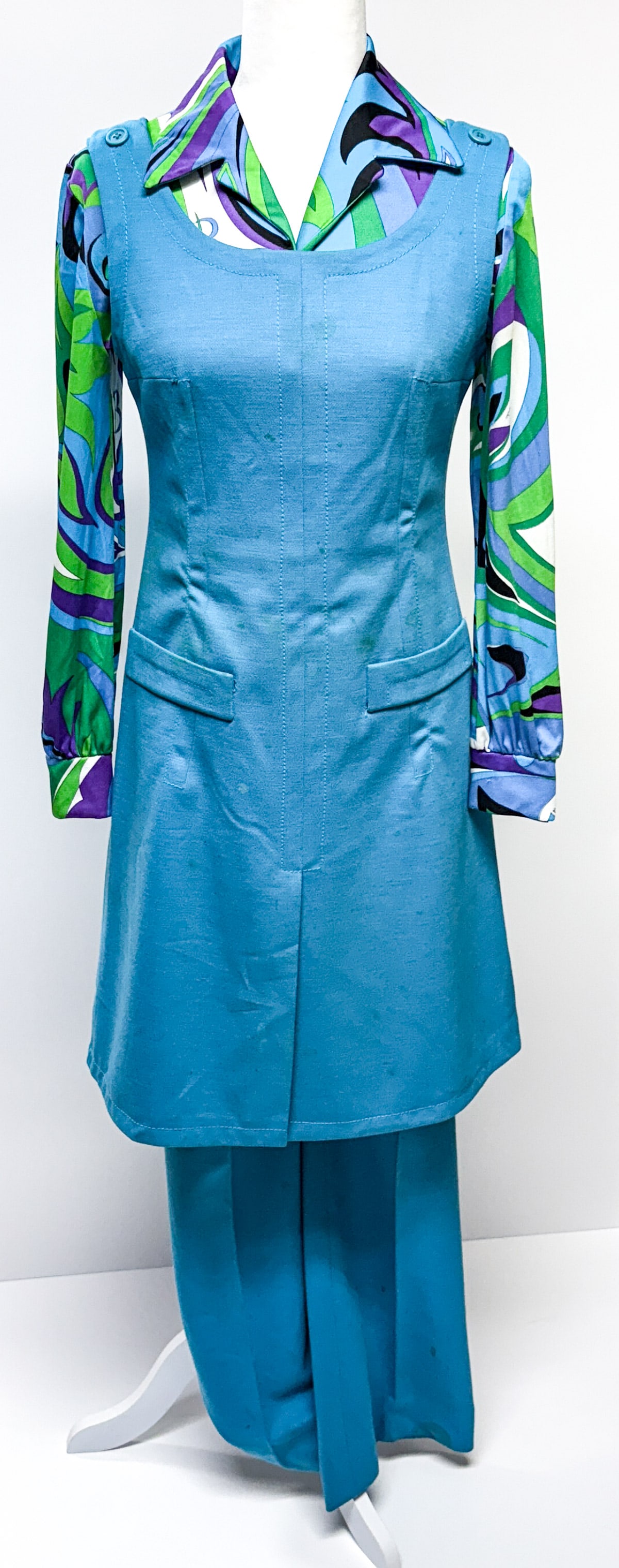 Braniff Airways - Emilio Pucci Hostess Uniform: Braniff International Airways 3 pc hostess uniform in blue print designed by Emilio Pucci. Shirt / blouse with snap closure measured from underarm 17.5 in. across chest, measured from back of collar t