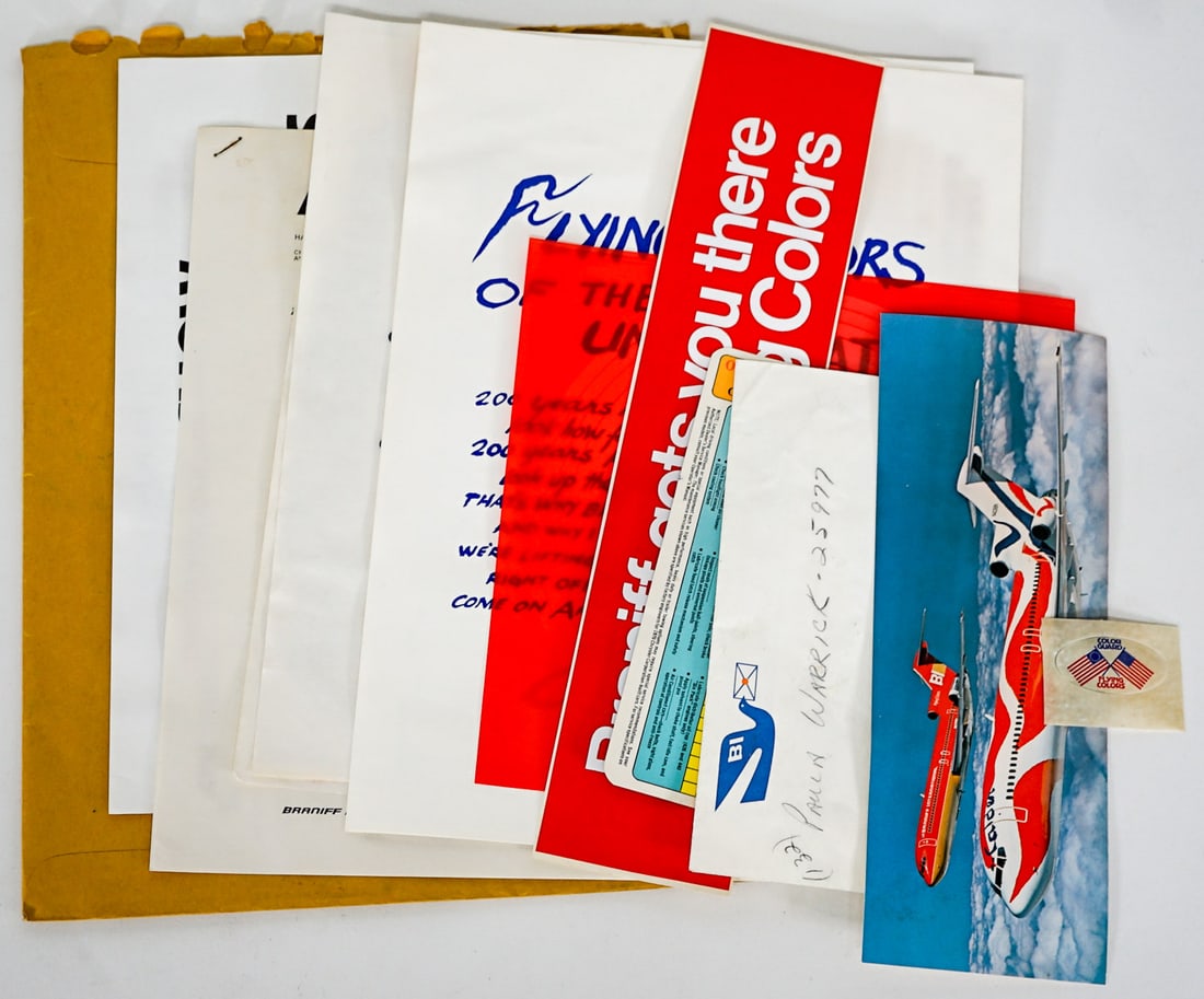 Braniff Airways [Flying Colors '76] Press Kit: Braniff International Airways ephemera. Includes 'Flying Colors of the United States' 1976 Advertising Press Kit. T-Shirt transfers, stamp, post card and more. Provenance: Former Braniff International