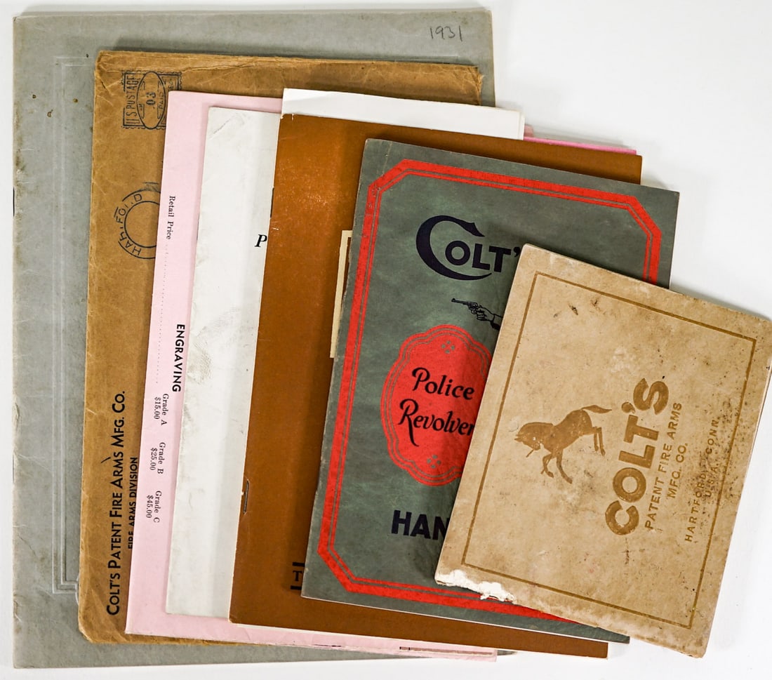 Colt Fire Arms Catalogs: Includes 1925 Colt's Police Revolver Hand Book (EX/EX+), Colt's catalog 1923, Colt Firearms Catalog with January 1931 Price List (VG-EX/EX), 1938 Price List of Component Parts (VG-EX) and 1939 Colt Re