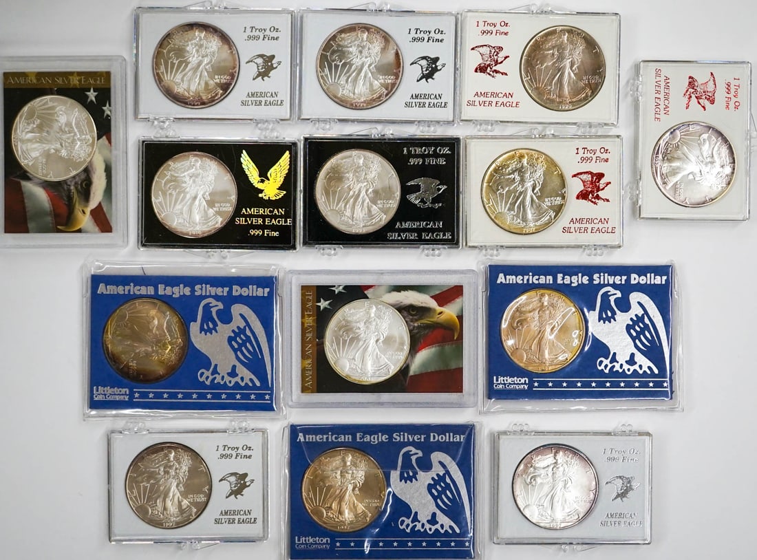 (14) .999 1 OZ. American Eagles: (14) .999 1 OZ. American Eagles.. This lot requires a Wire or Zelle transfer. If lot is absent of a condition report one may be requested via email. Condition report is provided as an opinion only and