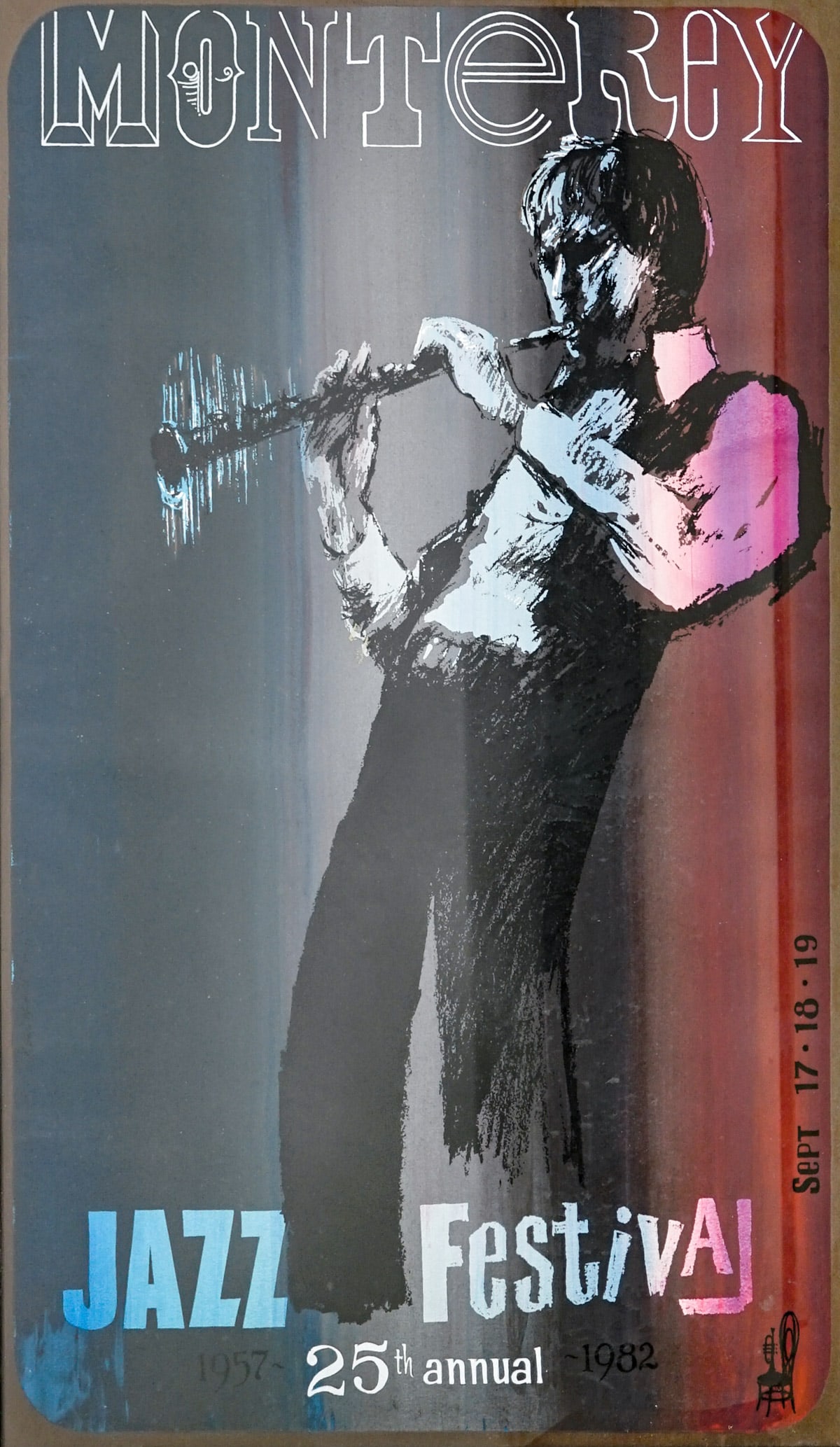 Monterey Jazz Festival Poster by Earl Newman: Monterey Jazz Festival Poster by Earl Newman (Gerry Mulligan). Measures 35 x 23.25 inches, professionally framed and weighs approximately 10 pounds. Not inspected out of framing, appears to be in exce