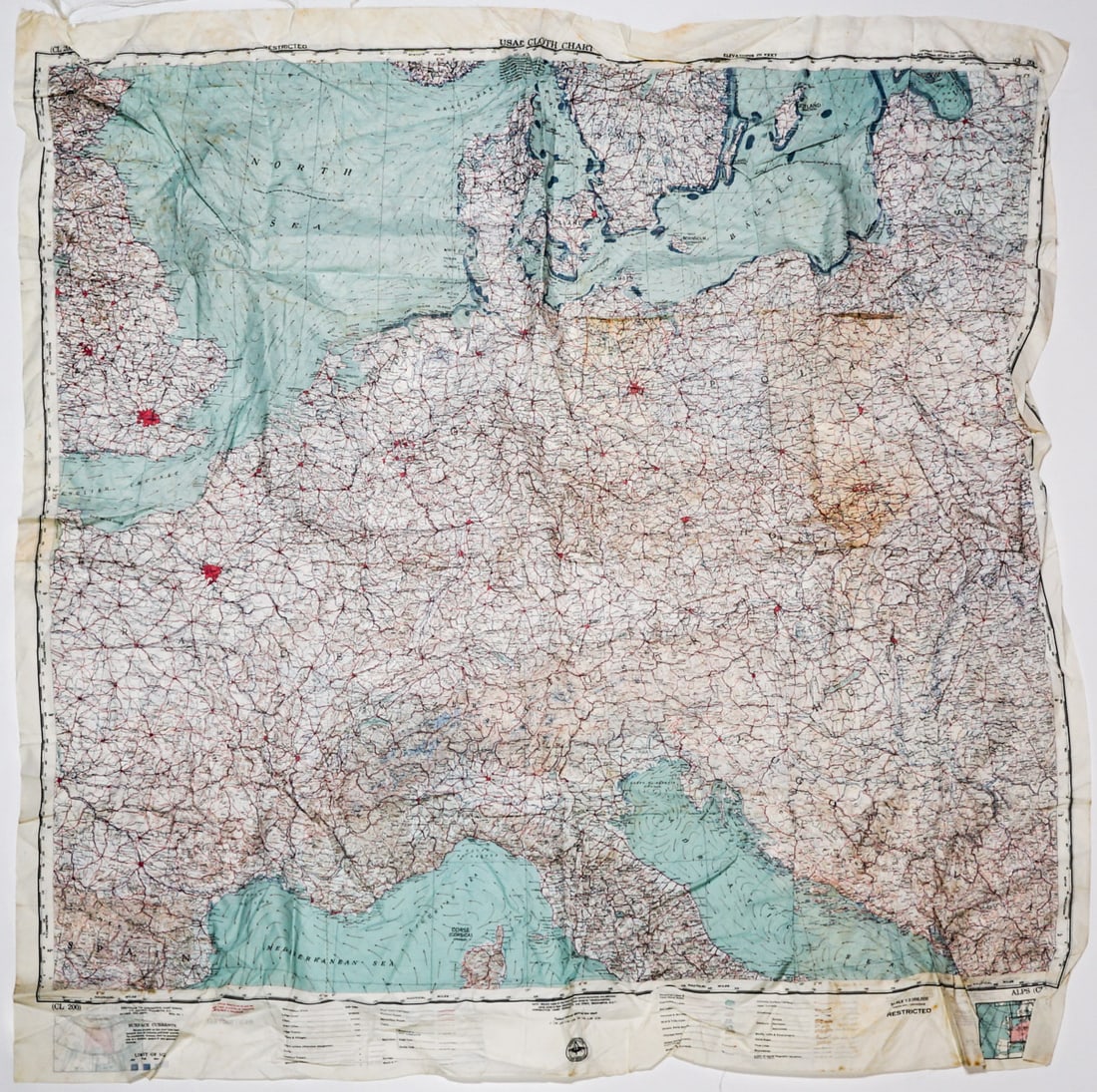(2) USAF Cloth Charts: Includes Iraq (CL 102), August 1951 measuring 41.5 x 39 inches and Alps (CL 20), measuring 40 x 38 inches. If lot is absent of a condition report one may be requested via email. Condition report is pr