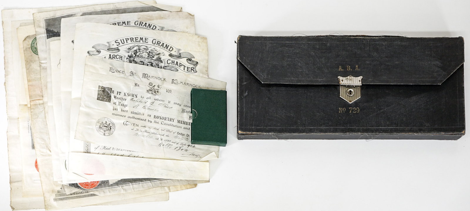 Antique Supreme Grand Royal Arch Chapter Scotland: Supreme Grand Royal Arch Chapter of Scotland, personal items belonging to Master Archibald B. Allison. Dated late 19th century and into the early 20th century. Includes apron, certificates on paper an