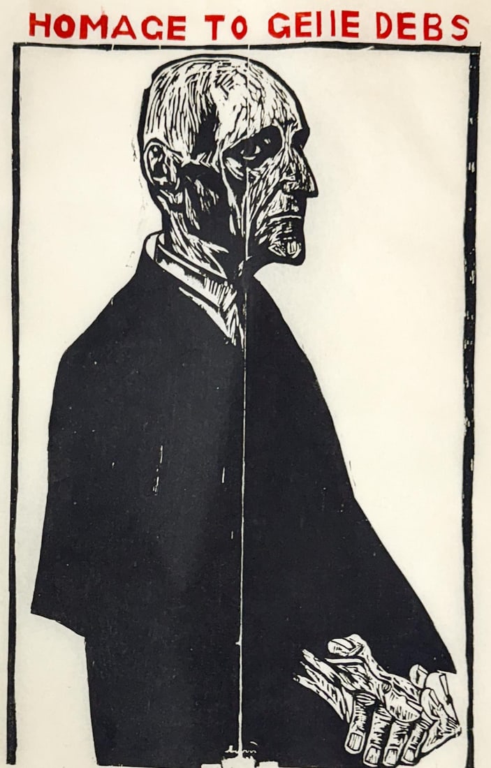 Leonard Baskin Large Signed Woodcut: Leonard Baskin Large Signed Woodcut [Homage to Gene Debs]. Signed lower right in pencil, signed AP for Artists Proof . Measures 36 x 22 inches image size and 50 x 40 inches sheet size. Excellent condi