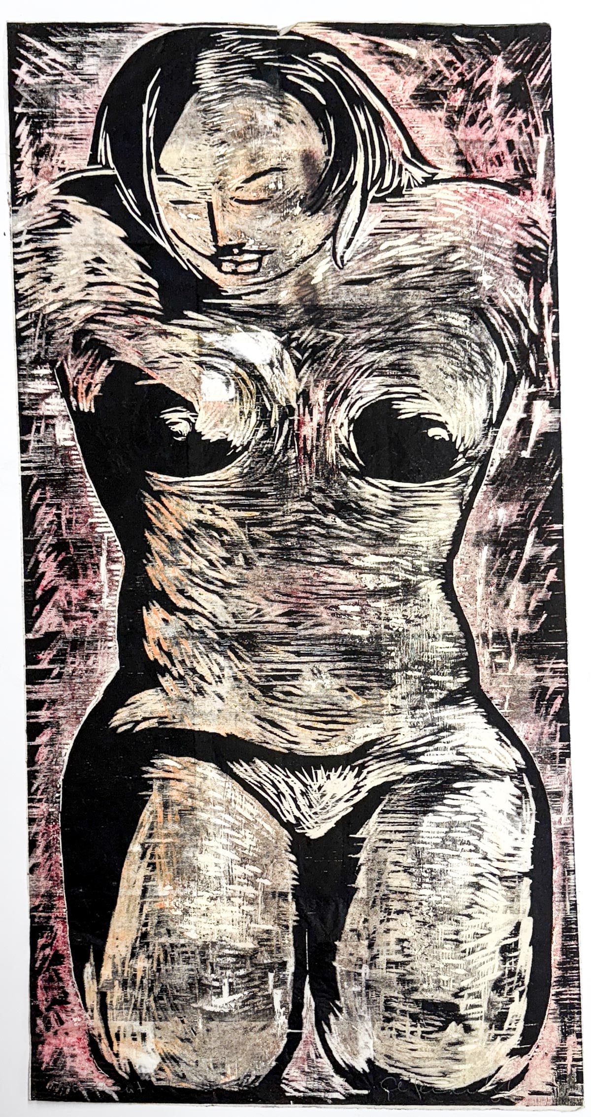 Large Illegibly Signed Woodcut Print (1 of 7)