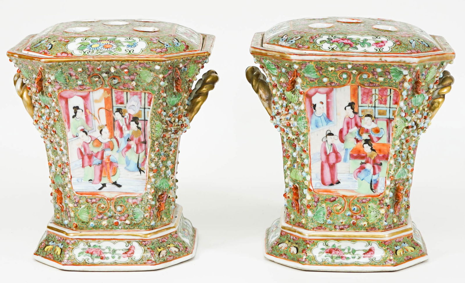 Pair Chinese Export Famille Rose Bough Pots: Pair Chinese Export Famille Rose Bough Pots with Covers. They measure 9 x 7.5 inches (23 cm x 19 cm). Very good condition, some wear, no damage nor repairs. If lot is absent of a condition report one