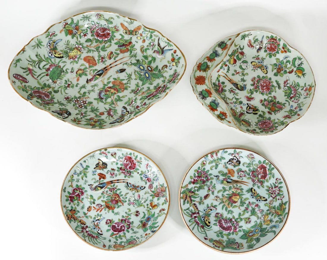 Chinese Celedon / Enamel (4) Serving Pieces: Four (4) Chinese Celedon / Enamel serve pieces include: Pedestal tray / dish measures 14.25 in. x 10.5 in. x 3 in. high. (Note this is chipped at rim and evidence of repair on side; plates measure 8.5