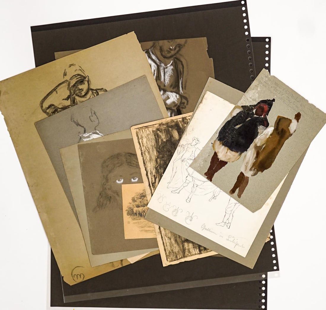 Marcus A (Mark) Waterman (17 pcs): Marcus A (Mark) Waterman (Massachusetts, Rhode Island, 1834-1914) archive of drawings, sketches and studies. They measure 4.5 x 5.375 inches to 17 x 13 inches. Mixed condition. Provenance: Estate coll