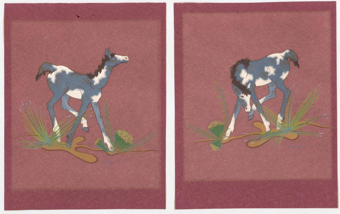 Theodore (Ku-pe-ru) Suina (2) Gouache [Horses]: Two (2) Theodore Suina (1918-2019) original gouache on paper. Signed Ku-pe-ru '50 lower right. Sheets measure 12.75 in. x 10 in. Previously framed, faded. Unframed, loose and not glued or mounted. The