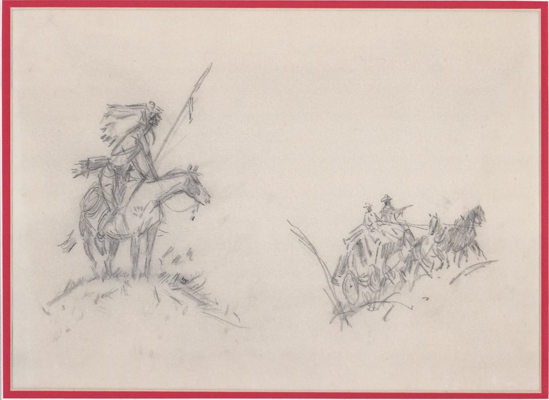 Frank Hoffman Western Illustration Drawing: Vintage mid-century pencil on onionskin paper illustration drawing. Unsigned but attributed to Frank Hoffmann (1888-1958) western illustrator. Mat framed. Sight size measures 10.5 in. x 14.5 in. and f