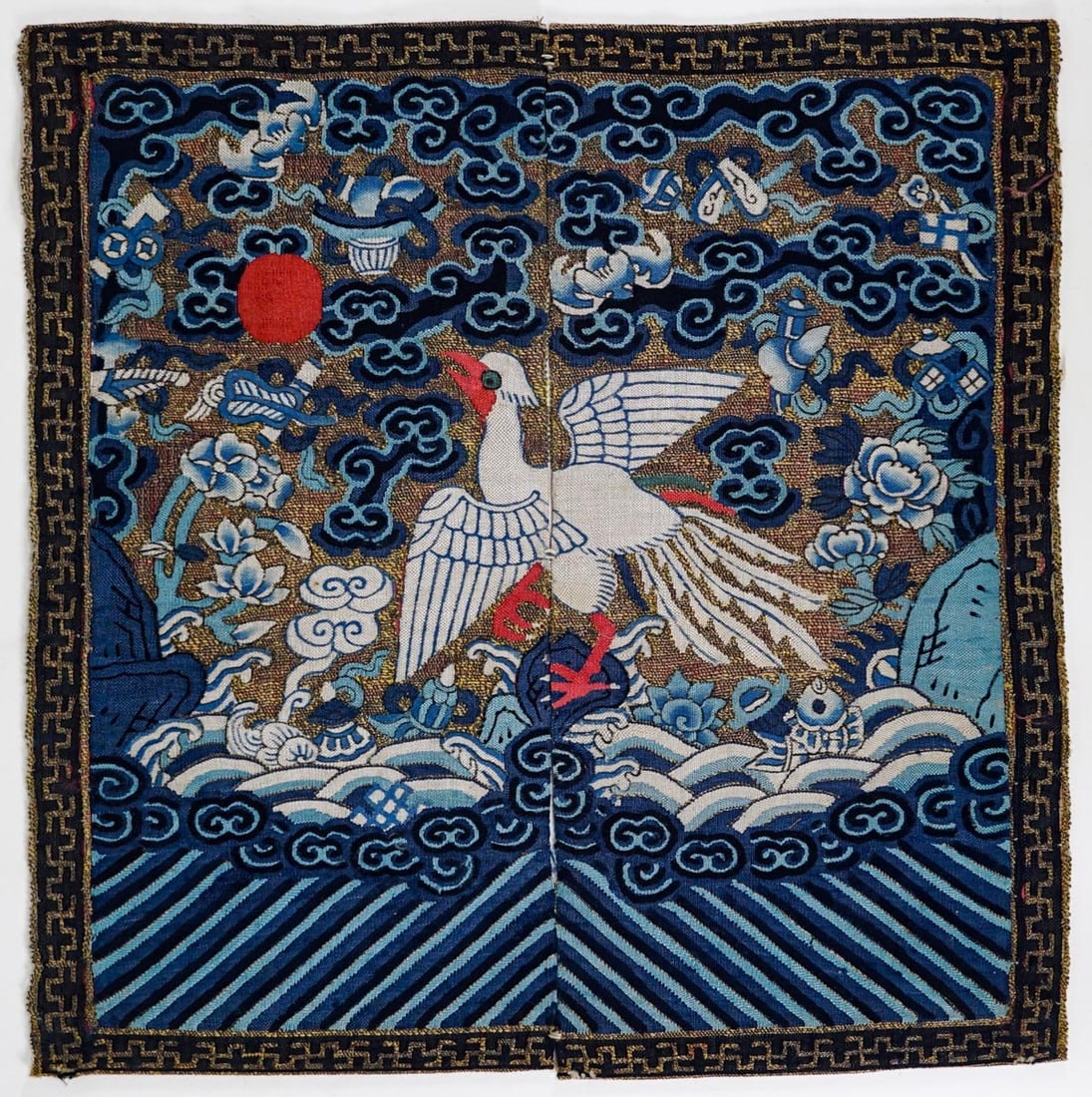 Embroidered Chinese Rank Badge [Bird]: This has been cut through center and tacked together at upper and lower edge. Measures 11.25 in. x 11.25 in. The absence of a condition report does not imply that the lot is in perfect condition or co
