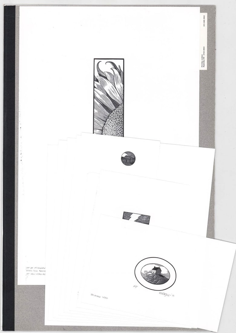 Paul B. Ritscher (9 Sheets) Wood Engravings: Nine (9) sheets (6 pencil signed) wood engravings by Paul B. Ritscher (Artist/Engraver). Assorted sheet sizes. Images measure .5 in. x .75 in. to 10 in. x 2 in. Accompanied with a typed and hand signe
