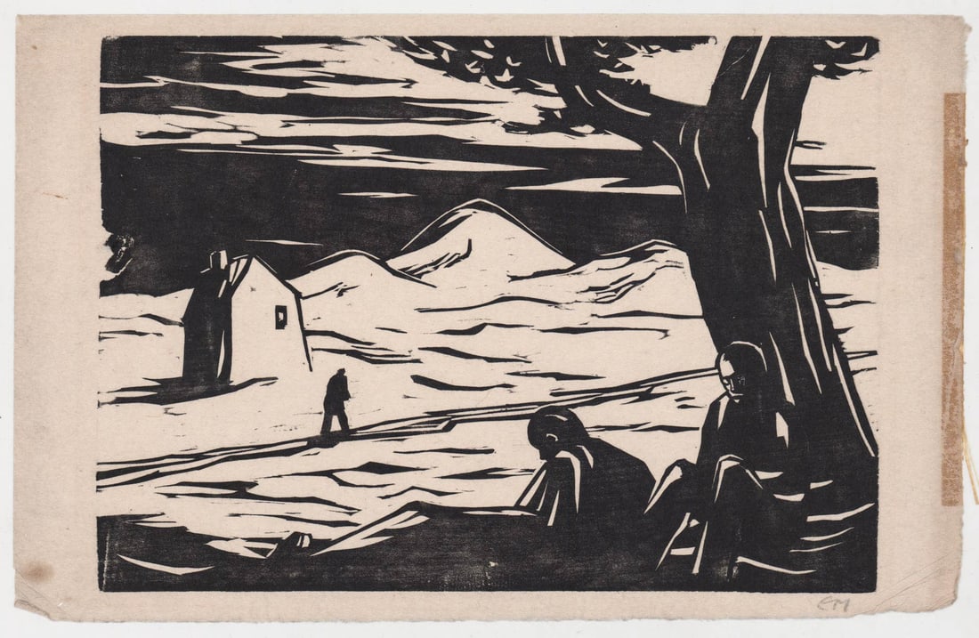 Old Woodcut Print Signed EM (1 of 4)