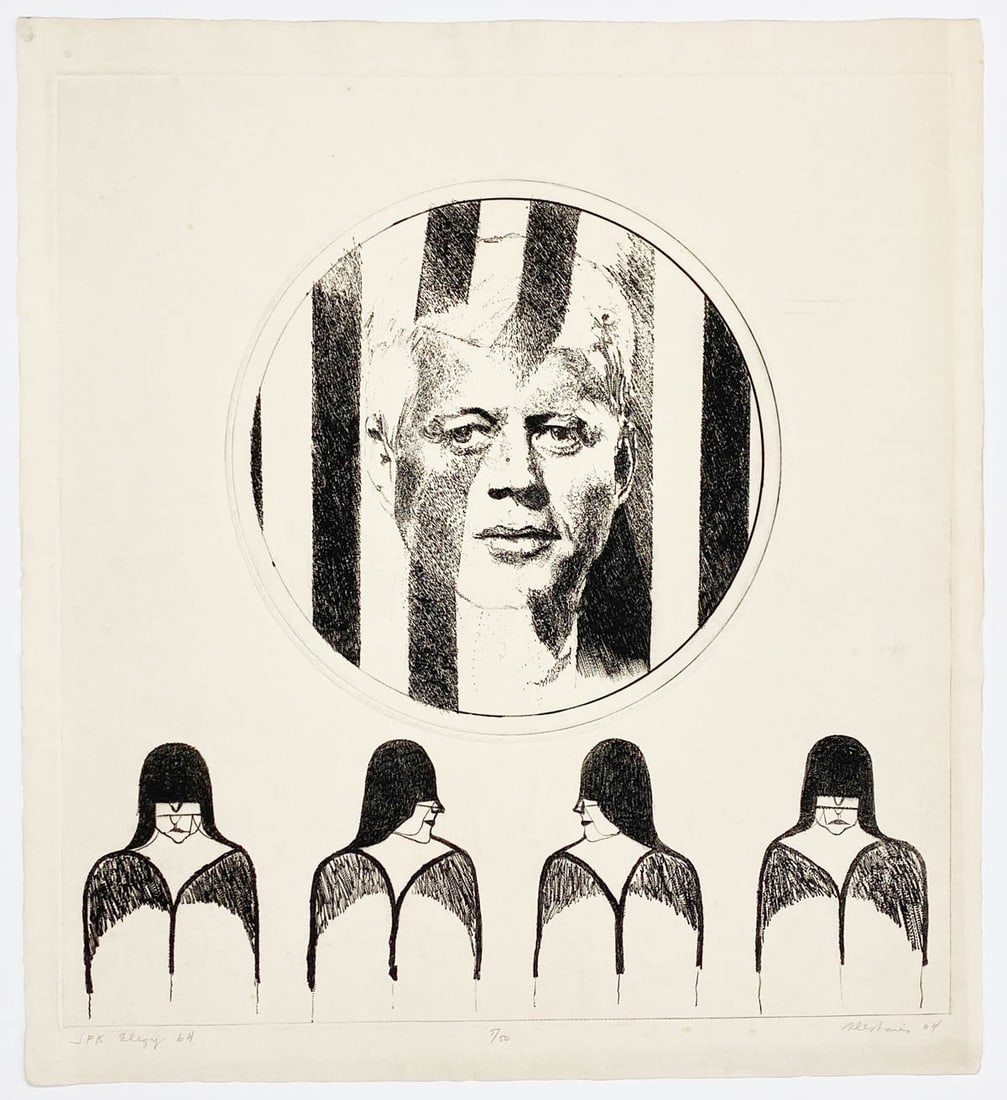 Arthur Deshaies Large Signed & Numbered Etching: Arthur Deshaies (1920-2011, Florida, South Carolina, Rhode Island) Large Signed and Numbered Etching [JFK]. Signed and dated lower right in pencil (1964). Number 5/50 in pencil. Measures 28.25 x 25.75