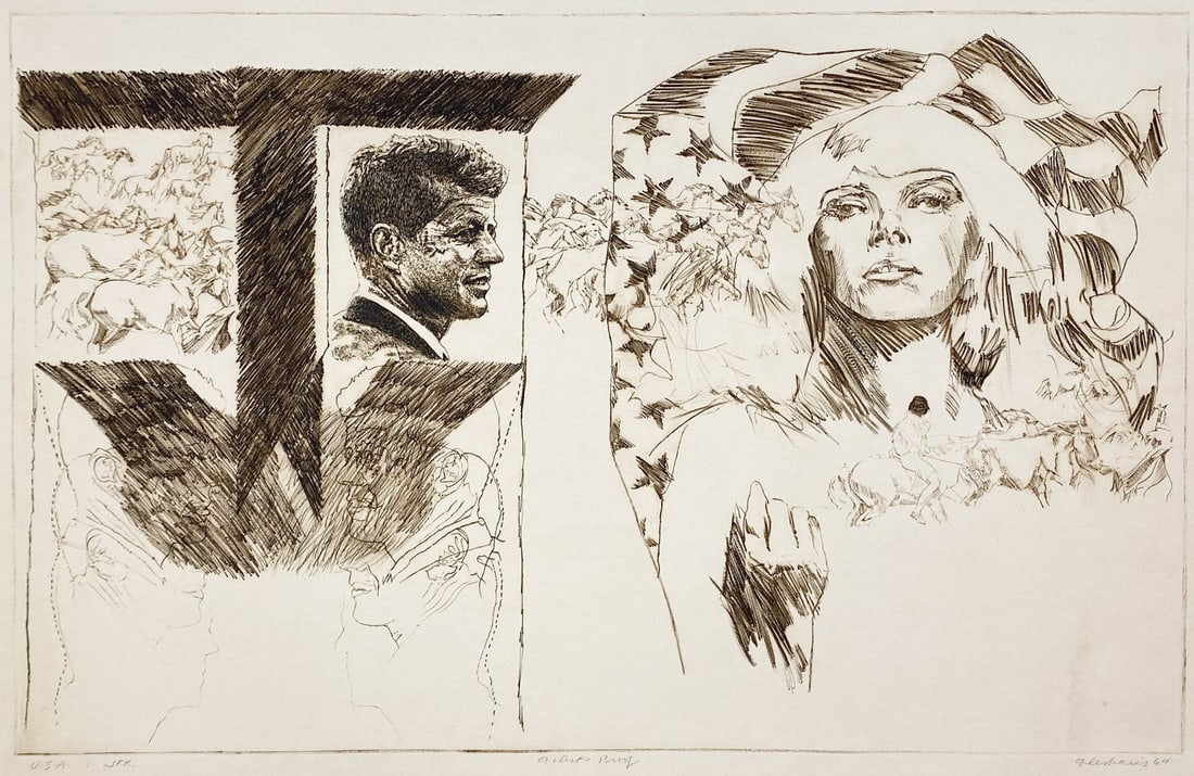 Arthur Deshaies Large Signed & Numbered Etching: Arthur Deshaies (1920-2011, Florida, South Carolina, Rhode Island) Large Signed and Numbered Etching [U.S.A. JFK]. Signed and dated lower right in pencil (1964). Measures 25.75 x 39.5 inches sheet siz