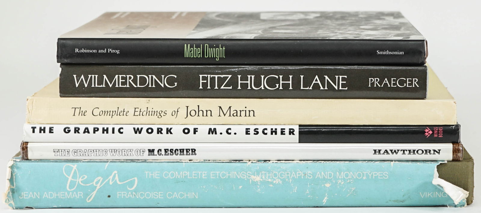 Art Books (6) [Marin, Escher, Dwight, Degas]: Six (6) art books include: Mabel Dwight A Catalogue Raisonne of the Lithographs by Susan Barnes Robinson and John Pirog 1997 Smithsonian Institution Press; Fitz Hugh Land by John Wilmerding 1971 Praeg