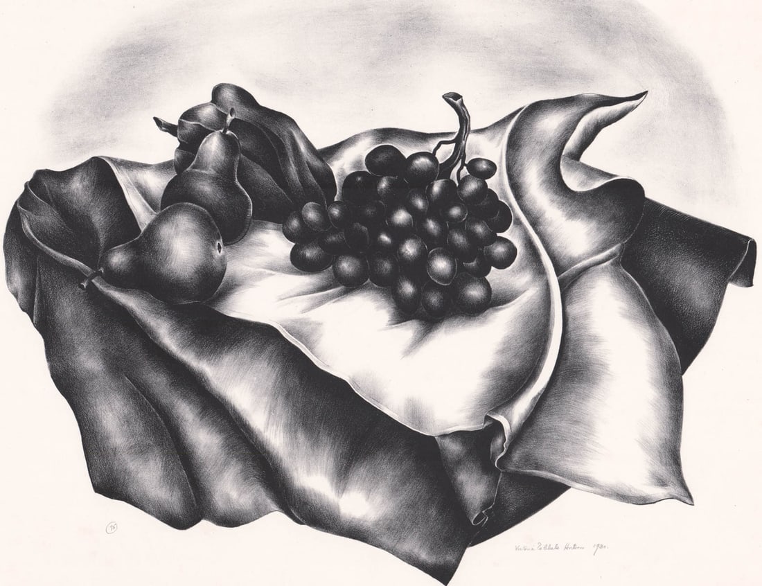 Victoria Hutson Huntley Signed Litho [Fruit]: Victoria Ebbels Hutson Huntley (American 1900-1971) pencil signed lithograph. Signed 'Victoria Ebbels Hutson' and dated '1930' lower right. Sheet measures 15 in. x 21.125 in. Provenance: Formerly esta