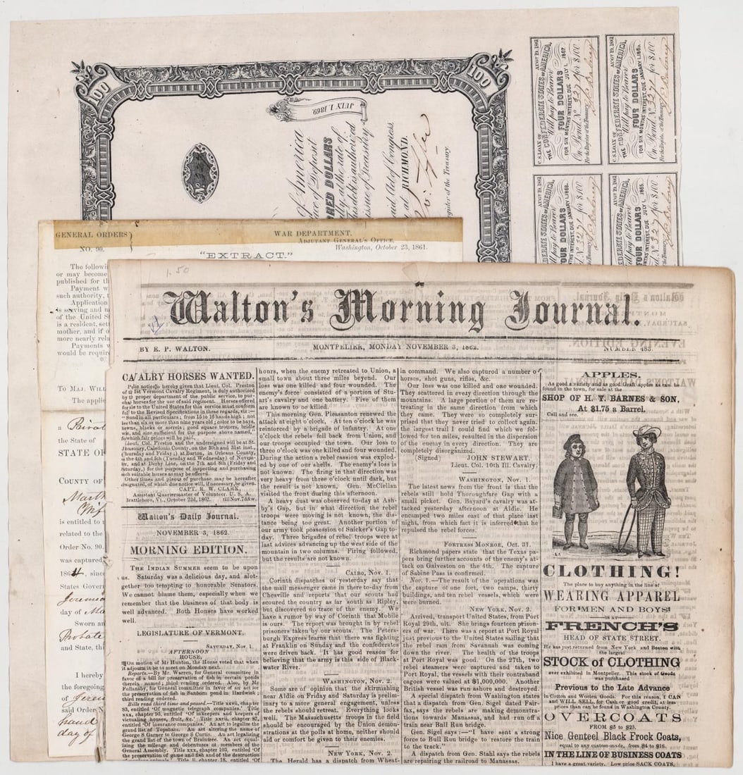 Civil War Bonds, POW Document, Newspaper (1 of 7)