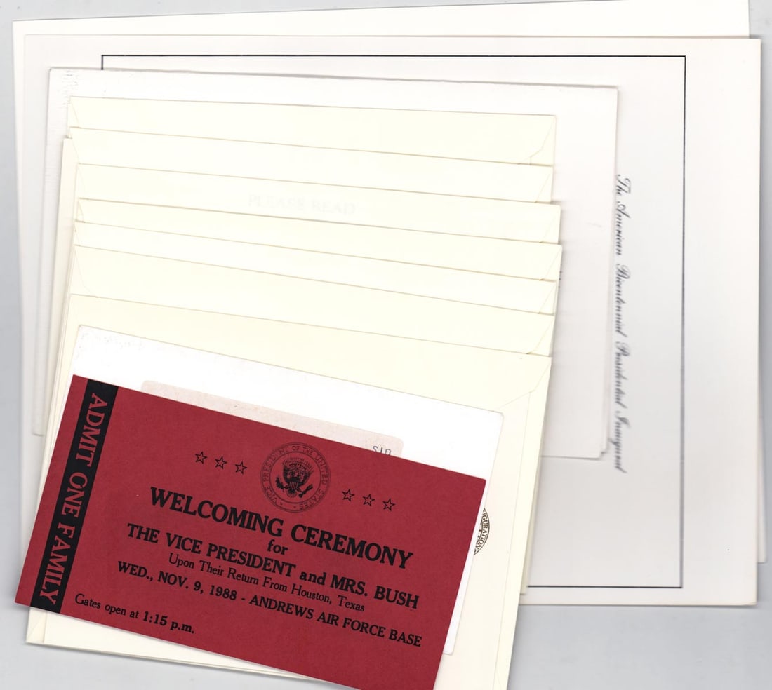 George H. W. Bush - 1989 Presidential Inaugural: 1989 Bicentennial American Presidential Inaugural Bush - Quayle Invitation Tickets and Programs. Lot measures 11 in. H x 8.5 in. W x .5 in. D. The absence of a condition report does not imply that the