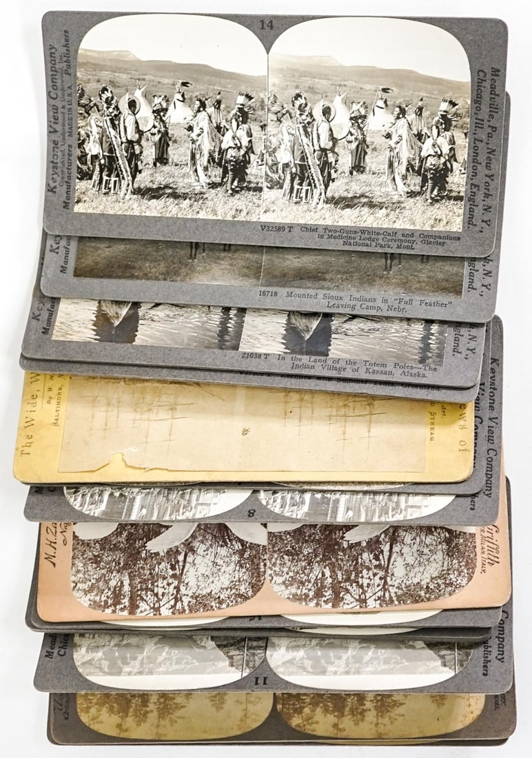 Antique Stereoviews [Native American, Yellowstone]: Lot of antique stereoviews. Native American, New York, New Orleans Mardi Gras, Egypt and more. Measures 3.5 in. H x 7in. W x 1.5 in. D. The absence of a condition report does not imply that the lot is