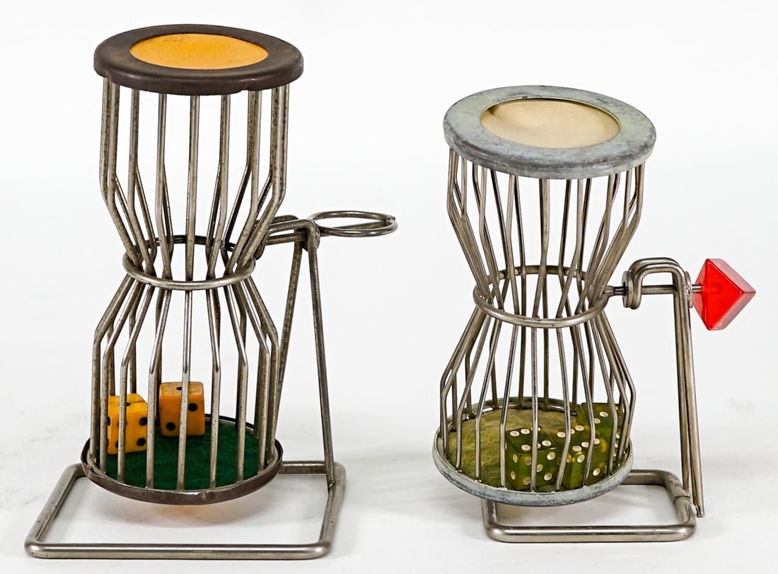 (2) Vintage Chuck-A-Luck Metal Dice Cage Rollers: (2) Vintage Chuck-A-Luck Metal Dice Cage Rollers. They measure 5 and 5.5 inches tall, combines they measure 5.5 x 8 x 4 inches. Due to the volume of this estate collection not all items have been test