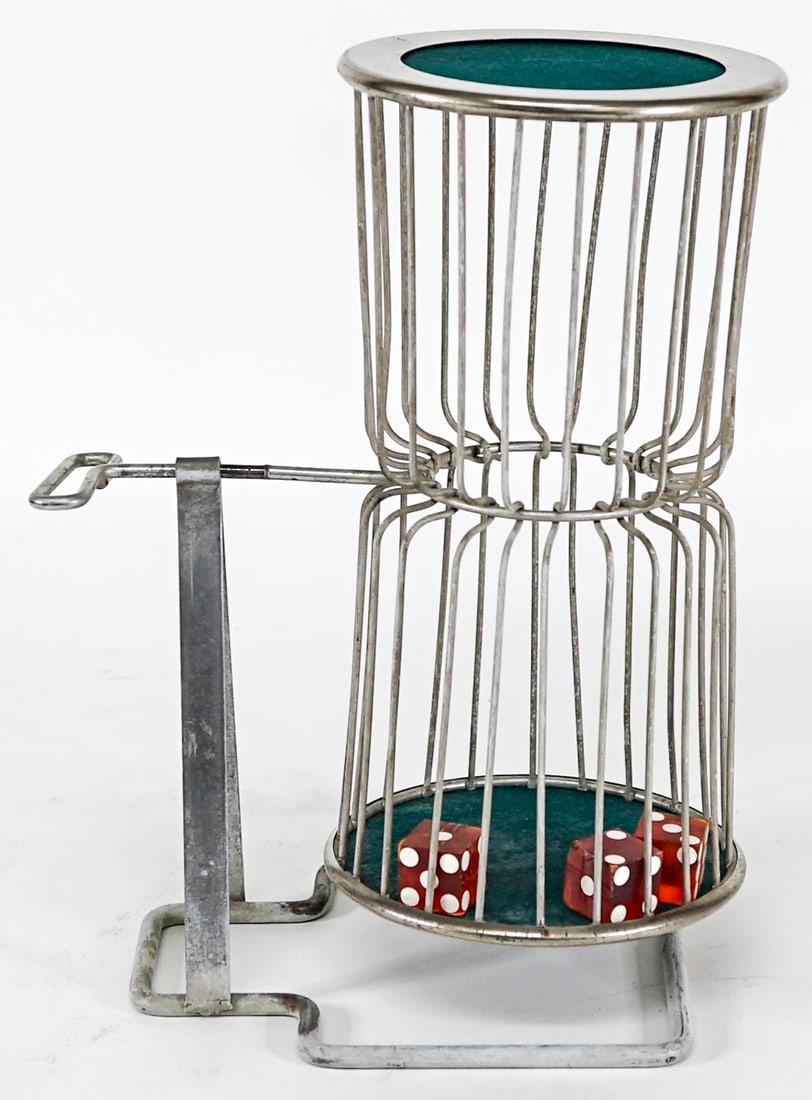 Large Vintage Chuck-A-Luck Metal Dice Cage: Large Vintage Chuck-A-Luck Metal Dice Cage. Measures 11 x 8 x 5 inches. Due to the volume of this estate collection not all items have been tested regarding Bakelite, Catalin or other plastics. The de