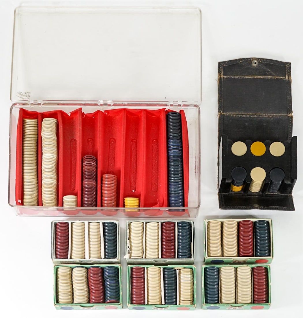 Miniature Clay Poker Chip Sets (.875 inches): Miniature Clay Poker Chip Sets (.875 inches). The total size of the group is 12 x 7 x 5 inches. The descriptions of items appearing in advertising prior to this auction are believed to be correct, nev