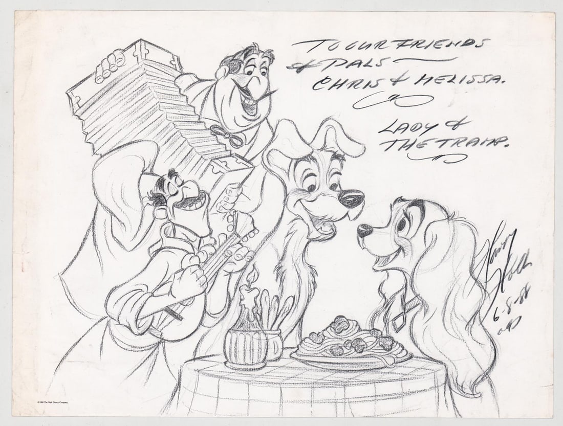 [Disney, Lady and the Tramp] Harry Holt Signed: [Disney, Lady and the Tramp] Harry Holt pencil signed and dated photostatic (early projection photocopier, a print). Holt was a Disney animator and sculptor who officially retired from the company in 