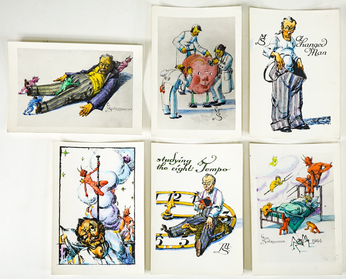 Max Salzmann was a German designer at the Scheltes: Max Salzmann hand-colored small prints. A bit smaller than postcards, and on cardstock slightly more rigid than postcard stock. Excellent condition. Max Salzmann was a German designer at the Schelter
