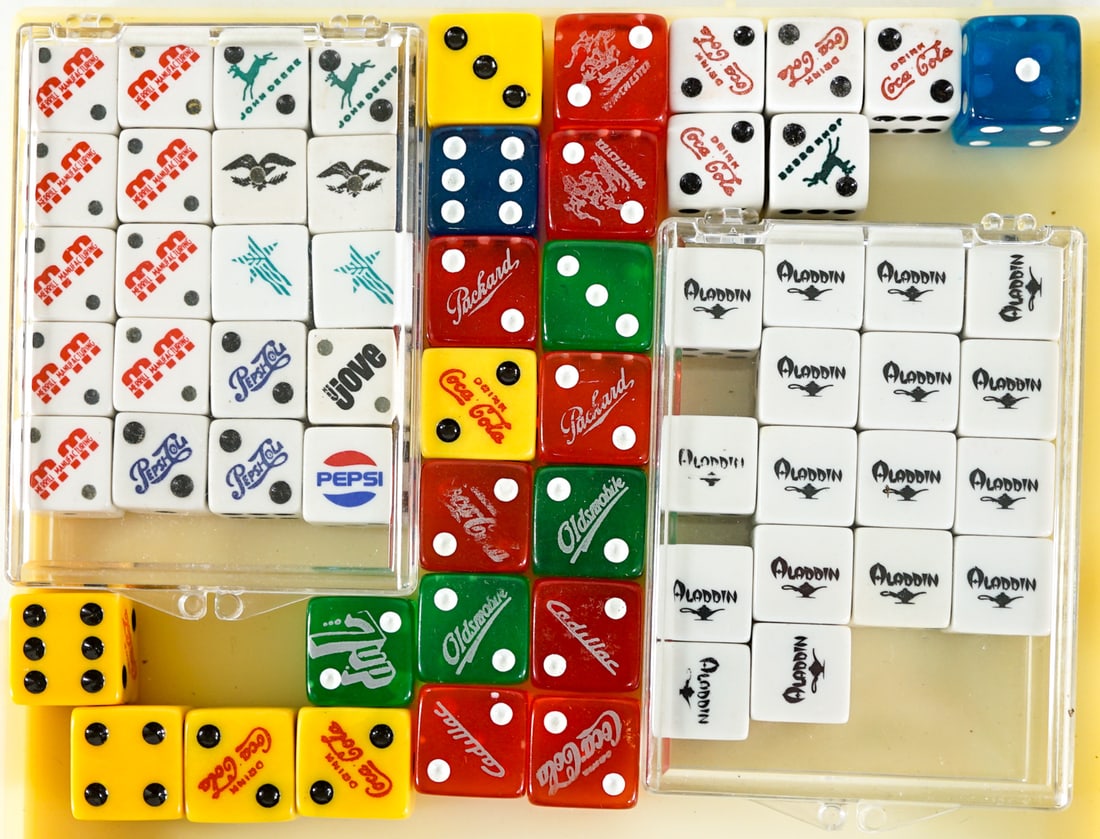 Coca-Cola, Pepsi, Aladdin Vintage Dice: Dice in this lot measure 625-.75 inches. The group measures 6 x 7 x 1 inches. The descriptions of items appearing in advertising prior to this auction are believed to be correct, nevertheless, neither
