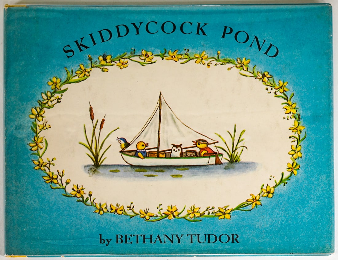 Skiddycock Pond by Bethany Tudor SIGNED 1965: Skiddycock Pond by Bethany Tudor signed on title page. 1965 with clipped dust jacket. JB Lippincott. Unpaginated. Blue pictorial covers with edgewear. Book measures 11 in. H x 9 in. W x .5 in D. Signe