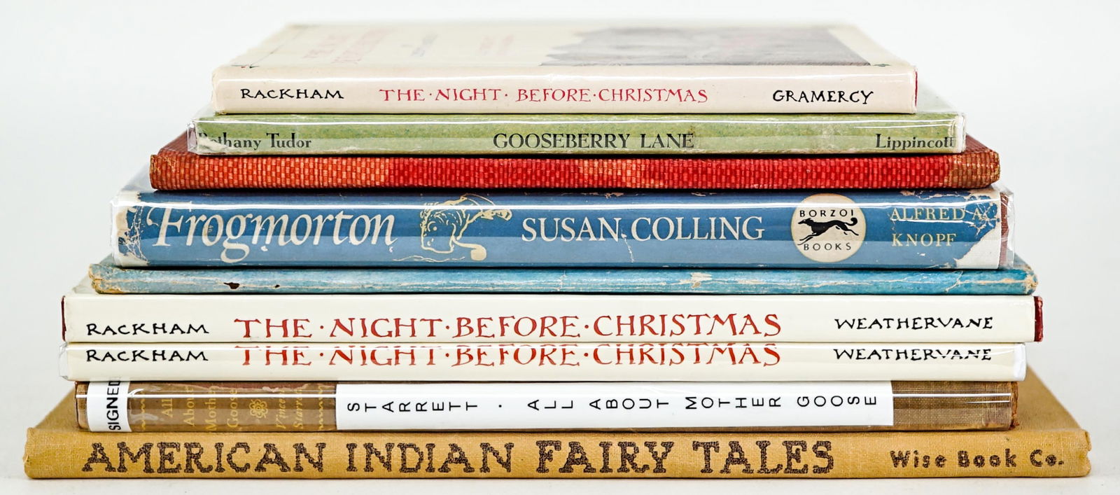 Rackham, Tudor and More (9) Books: Include: 1) All About Mother Goose by Vincent Starrett. INSCRIBED AND SIGNED. The Appellicon Press. 1930. 2) The Night Before Christmas illustrated by Arthur Rackham. 1976 Gramercy Books with unclippe