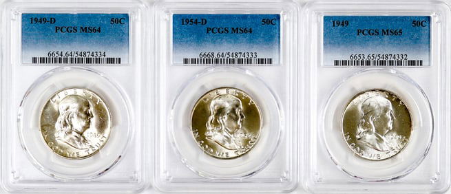 Three Graded U.S. 50c Franklin Half Dollars