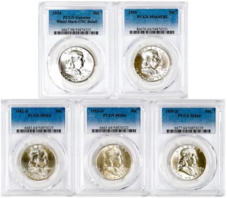 Five PCGS Encapsulated Franklin Half Dollars