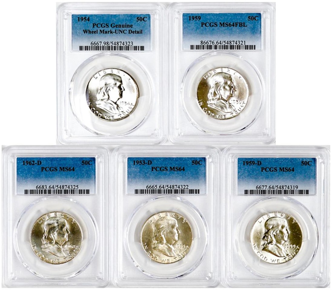 Five PCGS Encapsulated Franklin Half Dollars (1 of 2)