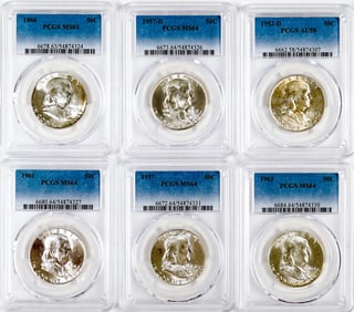 Six PCGS Encapsulated Franklin Half Dollars