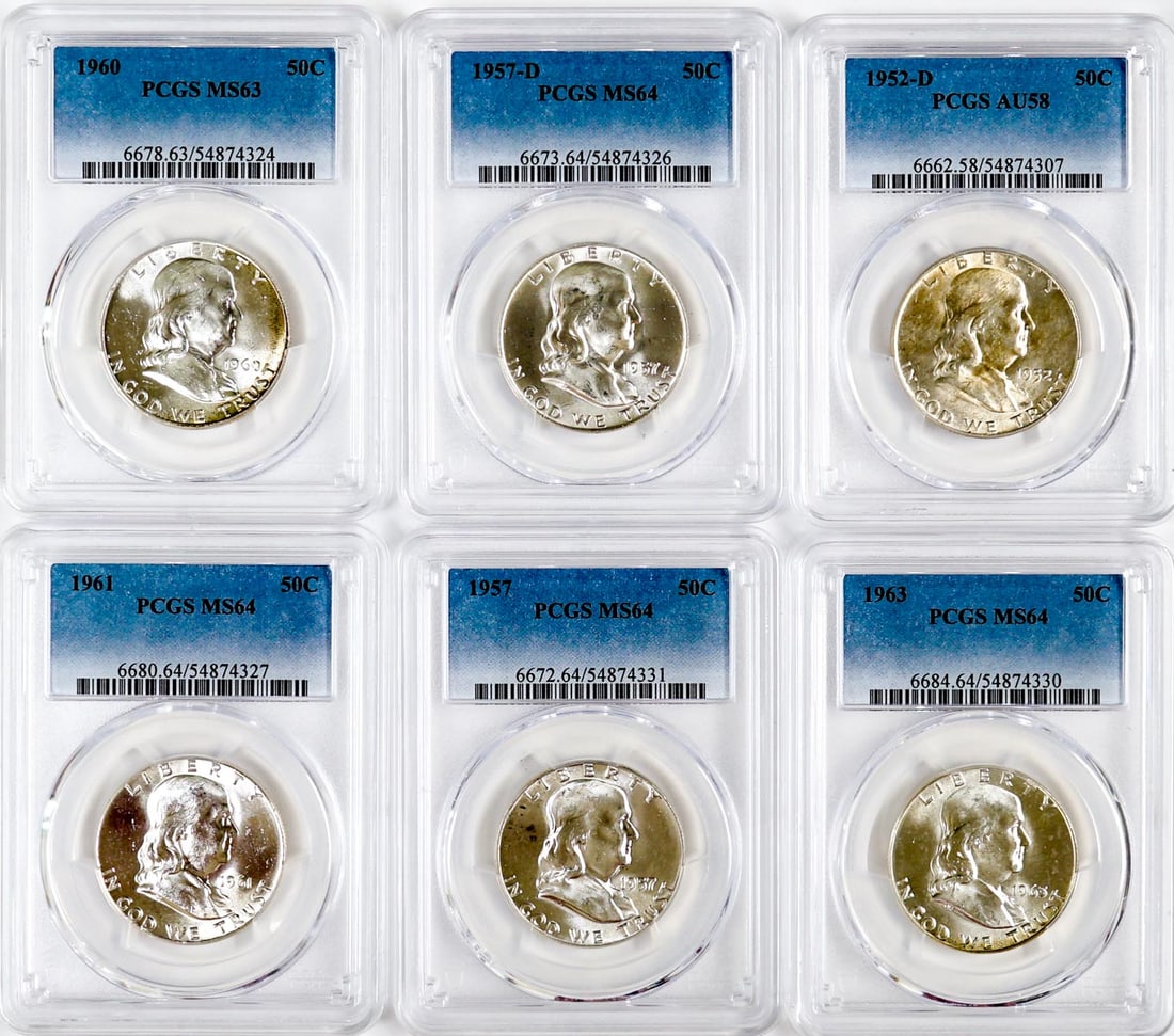 Six PCGS Encapsulated Franklin Half Dollars (1 of 2)