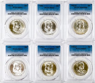 Six PCGS Encapsulated Franklin Half Dollars